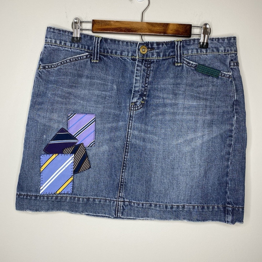 Tommy Hilfiger Mini Skirt Denim Patches Patchwork Size 14 Distressed Blue